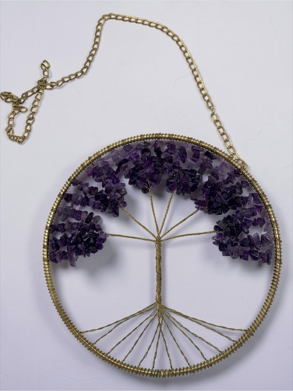 Handcrafted Gold-Tone Amethyst Tree of Life Wall Hanging
